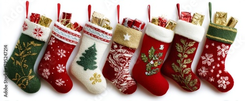 Christmas stockings in various colors and designs are filled with wrapped gifts, arranged neatly side by side. The cheerful decorations enhance the holiday spirit