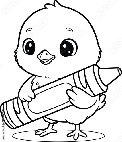 Cute chick holding a crayon coloring page – adorable baby bird line art for kids and preschool learning fun