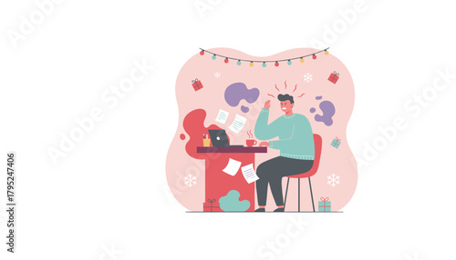 Stressed man working on laptop during Christmas holidays feeling overwhelmed by deadlines and burnout