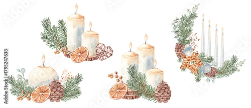 Christmas Advent Candle compositions set with fir branches, pine cones, winter berries, dry orange slices and toys. Watercolor illustration isolated on white background. For Cards and Prints, festive