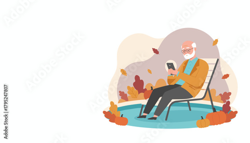 Senior man enjoys fall leisure relaxing in a chair and using his smartphone surrounded by pumpkins
