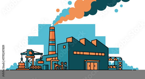 Stylized industrial factory illustration with chimney smoke representing production manufacturing and work