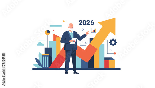 Senior executive shows 2026 growth forecast business strategy and financial success illustration