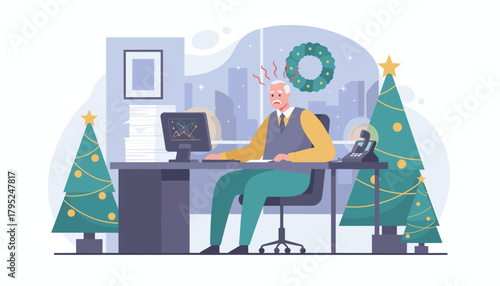 Stressed worker dealing with business pressure and burnout during the Christmas holiday season