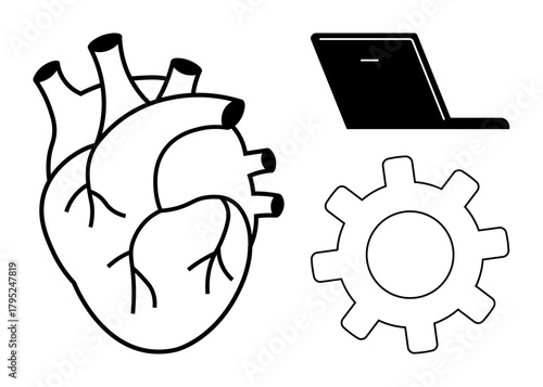 Anatomical heart beside laptop and gear, linking biology, technology, and engineering. Ideal for science, medicine, biotech, innovation integration problem-solving future concepts. A simple flat