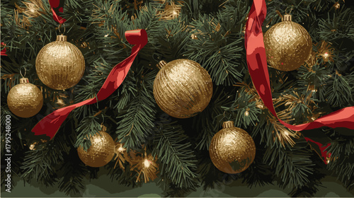 Christmas tree background with string of balls. Christmas bells. Isolated festive frame. Celebration vector background.