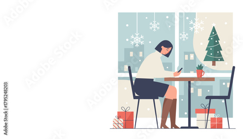 Isolated woman uses phone during snowy Christmas Holiday depression vector illustration