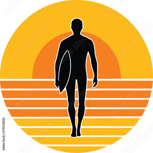 Silhouette of a surfer walking towards the ocean with a surfboard during a vibrant sunset