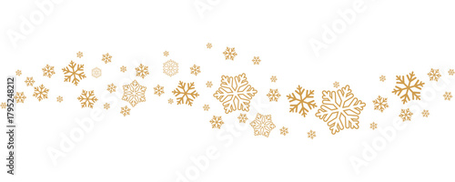 Gold snowflakes border on a white background, perfect for elegant winter, Christmas, or holiday-themed stock photography and festive greeting card designs.