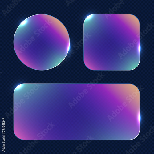 Geometric 3D bubbles with a color gradient, isolated on a dark background. Smooth, vibrant, trendy gradients. Vector set.