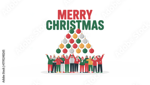 Merry Christmas Wishes: A vibrant and diverse group of individuals come together to send heartwarming holiday greetings. Adorning the scene is a festive tree of ornaments.