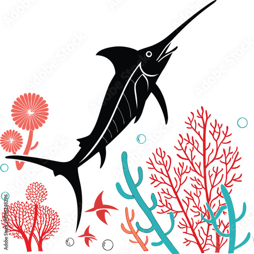 Silhouette of a majestic marlin swimming in vibrant coral reef with small fish and bubbles
