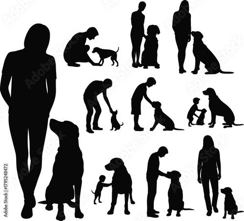 Silhouette people bonding with dogs in various playful training and companionship poses showing love, care, friendship and pet interaction