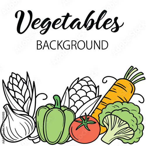 Illustration of various vegetables including corn, tomato, broccoli, carrot, garlic and green pepper