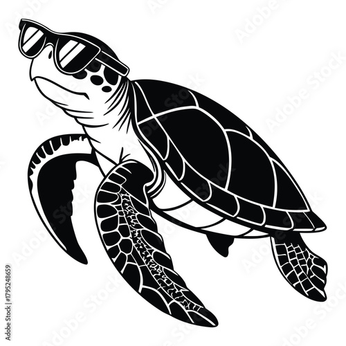 Cool sea turtle wearing sunglasses swimming in the ocean with a relaxed and fun attitude