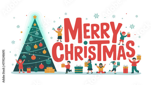 Christmas cheer: Animated scene of a Christmas tree surrounded by festive children, expressing the happiness and joy of the holiday season. 