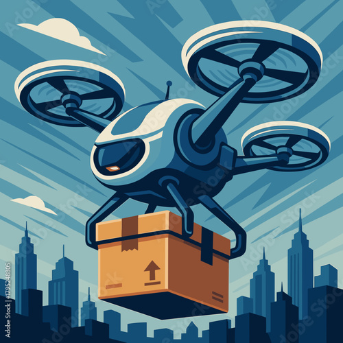 Drone delivering a package, futuristic, flying over a city skyline on a blue background for illustration