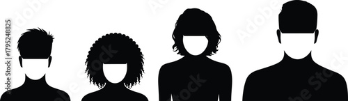Silhouette portraits of diverse people with various hairstyles in faceless minimalist style for profile icons and design illustration