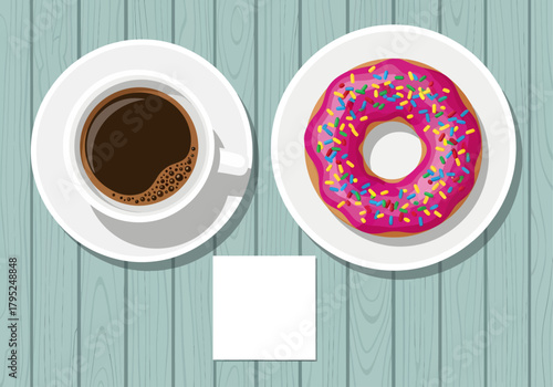 A top-down vector illustration captures a classic pairing of a steaming cup of black coffee and a bright pink sprinkled donut, set on a pale teal wooden surface with a blank note