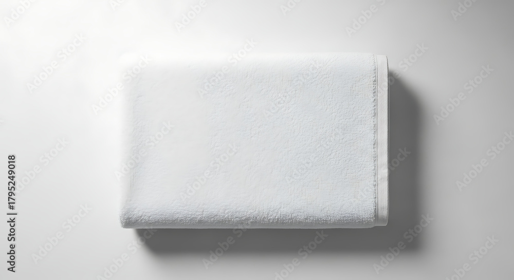 Fototapeta premium A clean, white, folded towel is presented on a plain white background with soft lighting.