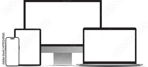 Modern multi-device mockup set. Set of smartphone, tablet, desktop and laptop display template in a flat vector style.