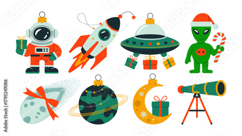 Cosmic Christmas Ornaments: a set of whimsical cosmic-themed Christmas ornaments, including an astronaut, a rocket ship, a UFO, an alien, a moon, a planet, a crescent moon, and a telescope.