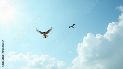 Birds soaring gracefully in clear blue sky with white clouds