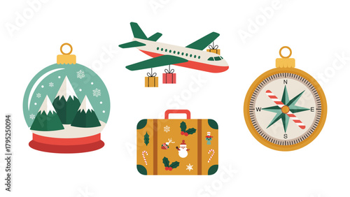 Christmas Travel: Festive ornaments and travel-themed elements, ideal for illustrating the essence of travel and Christmas celebrations.