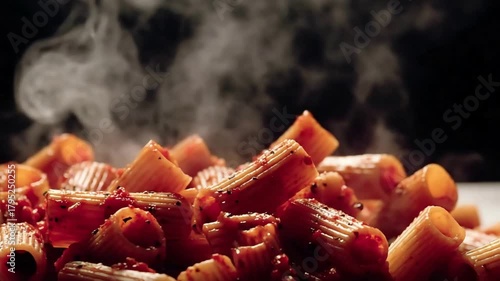 Delicious Steaming Rigatoni Pasta with Savory Tomato Sauce.