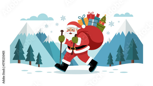 Santa's Christmas Journey: Santa Claus, cheerfully trudges through a snowy landscape, laden with gifts, embodies the spirit of giving and seasonal cheer.