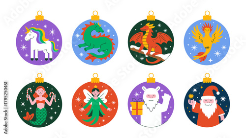Holiday Ornaments of Magic: A collection of vibrant Christmas ornaments, each adorned with a whimsical mythical creature or festive figure, exuding the joyful spirit of the holiday season. 