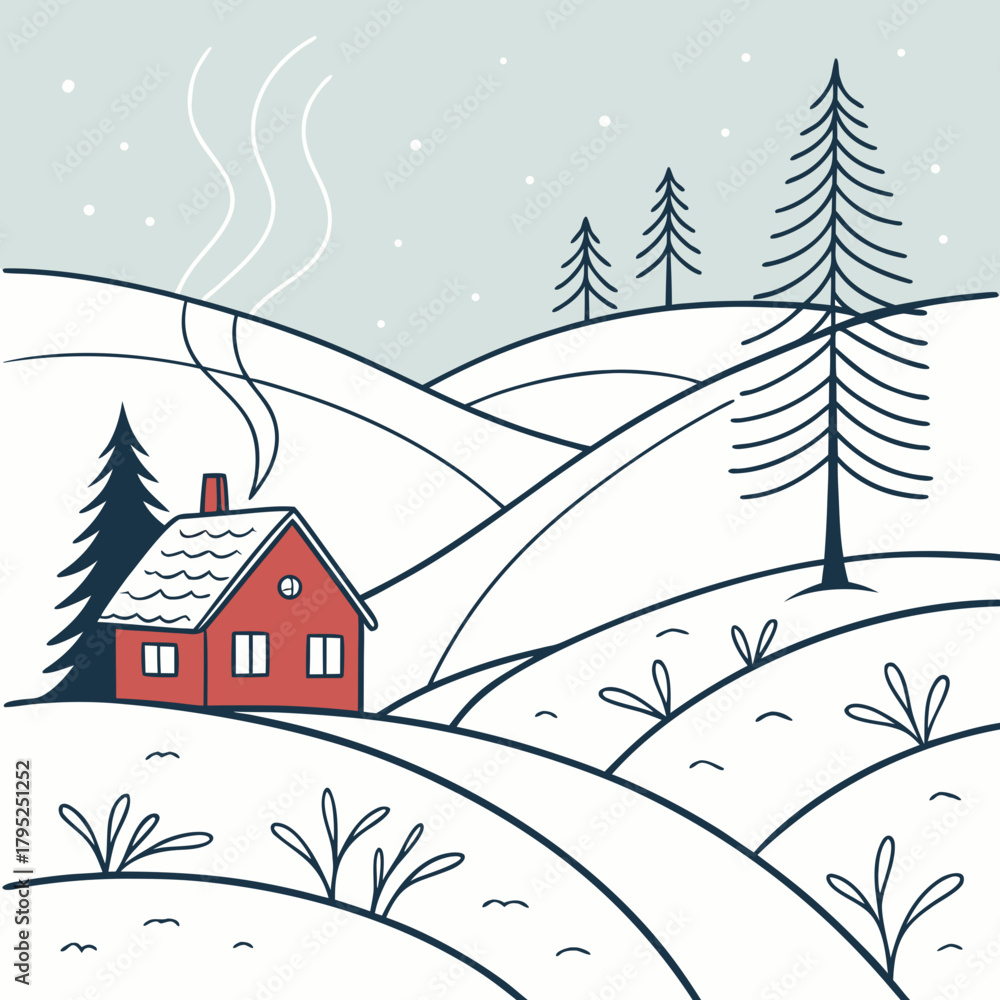 Fototapeta premium Cozy red cabin in a snowy winter landscape with falling snow