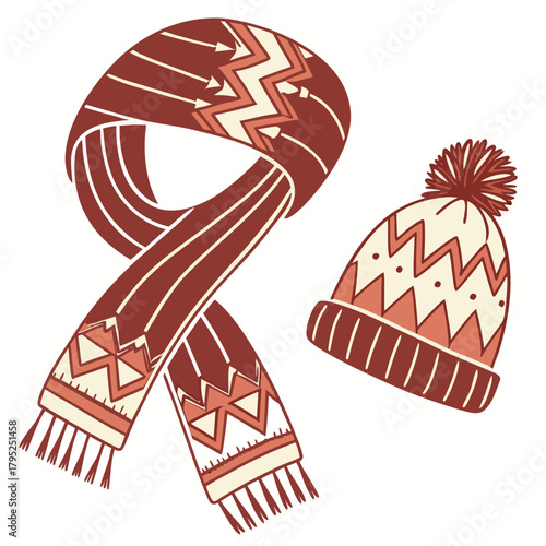 Cozy winter scarf and hat with geometric patterns
