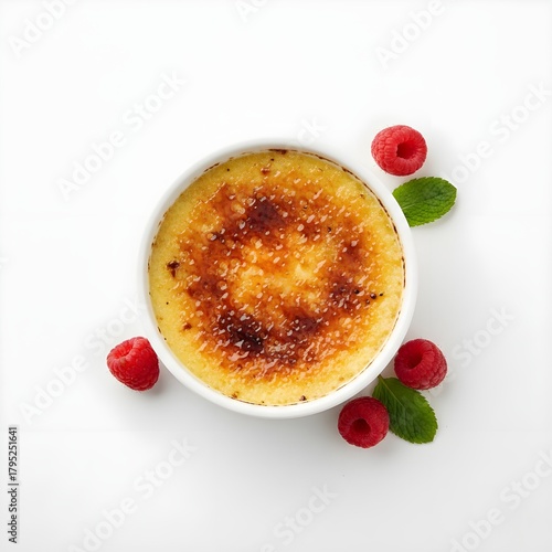 Gourmet Crème Brûlée Dessert Flat Lay: Perfect Caramelized Crust on White