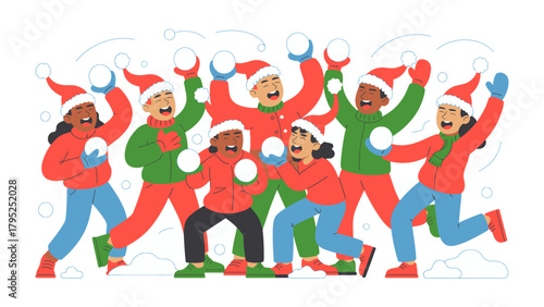 Playful Winter Snowball Fight: A joyful group of kids engage in a lively snowball fight, their laughter and energy filling the winter air. Amidst the flurry, snowballs fly and memories are made.