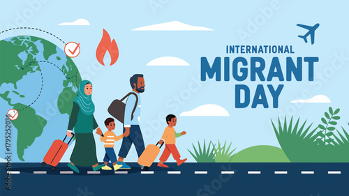 A diverse family, including parents and children, walking with luggage past a globe and a plane, illustrating the concept of international migration