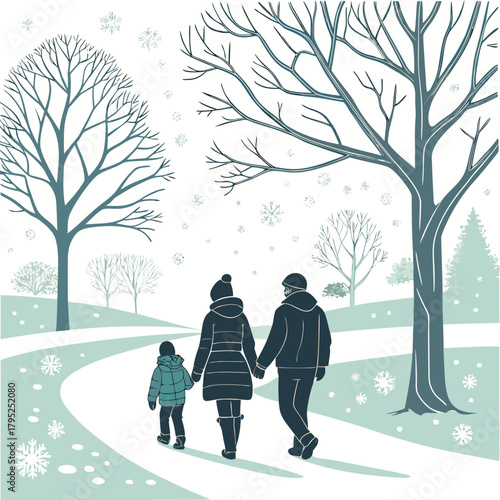 Family stroll through a snowy winter park with bare trees