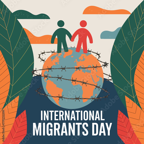 International migrants day concept art featuring two figures holding hands atop a globe encircled by barbed wire, representing the challenges and confinement faced by migrants
