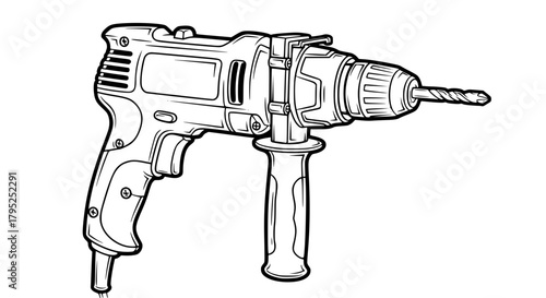 Vector of a handheld drill, isolated, clear contour drawing, no background, schematic style, high-contrast lines