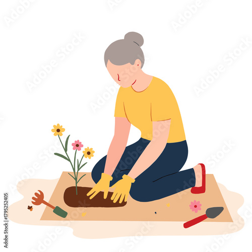 Senior woman gardening outdoors. Senior woman in garden. Older woman working in garden. Mature woman caring for garden plants. Elderly set
