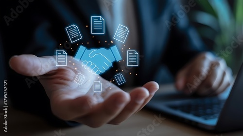 Businessman manage digital procurement process with business contract, invoice, approval documents, representing B2B sourcing, vendor management, supply chain, e-procurement.  supply chain..