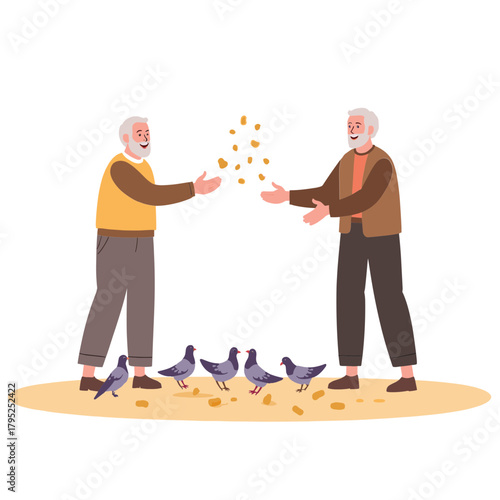 Senior men feeding birds. Elderly men scattering birdseed. Older men feeding pigeons outdoors. Retirees feeding birds together. Elderly set