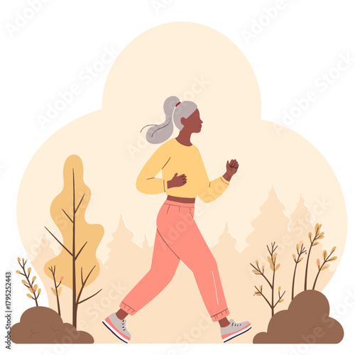 Senior woman jogging outdoors. Elderly lady on a morning run. Active older woman exercising by walking/jogging. Senior woman on morning. Elderly set