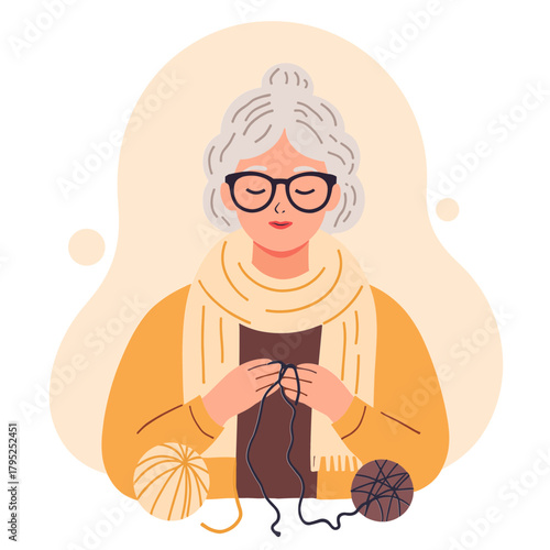 Senior woman knitting at home. Woman knitting in retirement. Older woman crafting by knitting. Retired woman making handmade knitwear. Elderly set