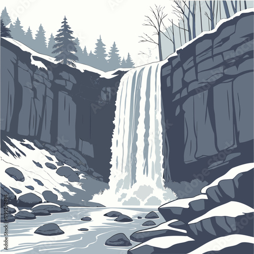 Majestic waterfall cascading over snowy cliffs in a winter landscape