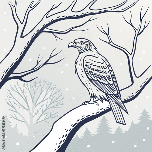 Majestic bird of prey perched on a snowy winter branch