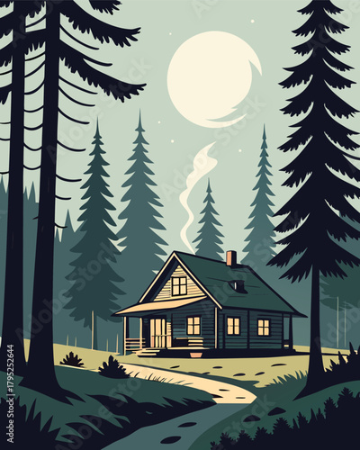Cabin in forest with smoke, moonlit night scene