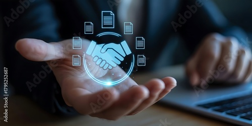 Businessman manage digital procurement process with business contract, invoice, approval documents, representing B2B sourcing, vendor management, supply chain, e-procurement.  supply chain..