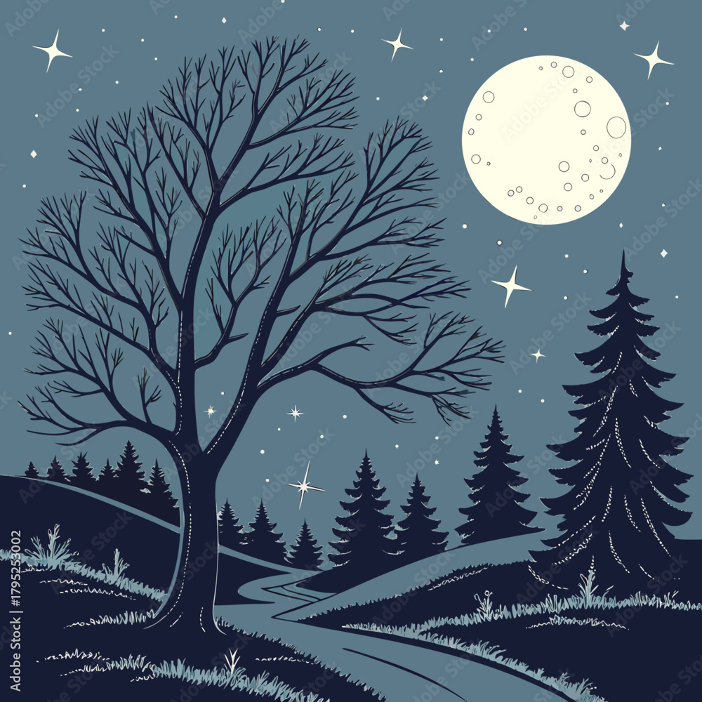 Naklejka premium Serene winter night landscape with full moon and bare tree