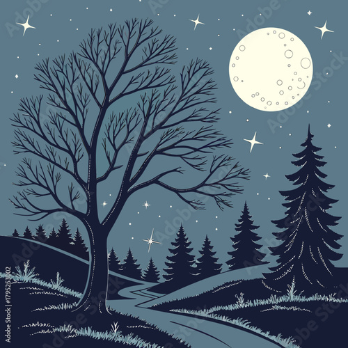 Serene winter night landscape with full moon and bare tree